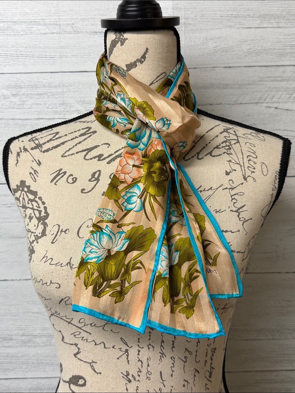XIIX Karet Floral Silk Scarf with Turquoise Trim